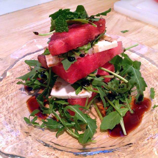 Watermelon goat cheese towers with mint and balsamic