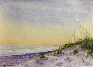 Water colour painting of a sunlit seashore by Manju Panchal