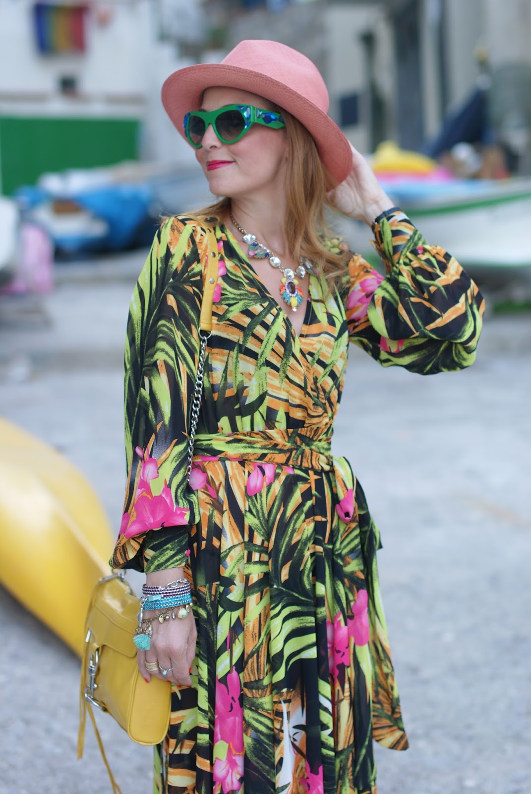 prada voice sunglasses found on giarre dot com, tropical print chiffon maxi dress, ecua-andino hat for a summer boho style on Fashion and Cookies fashion blog, fashion blogger style