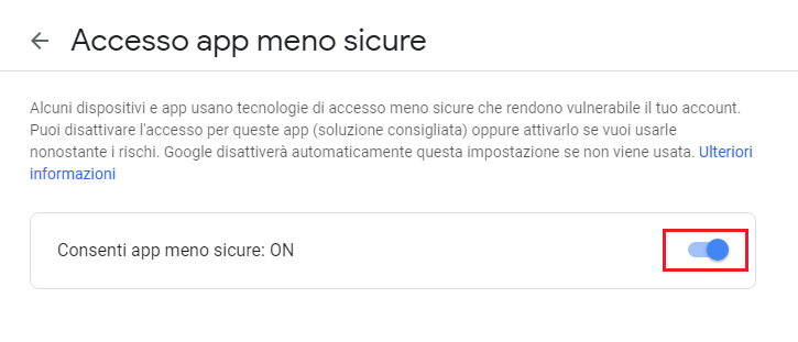 Gmail, Consenti app meno sicure Gmail, Consenti app meno sicure