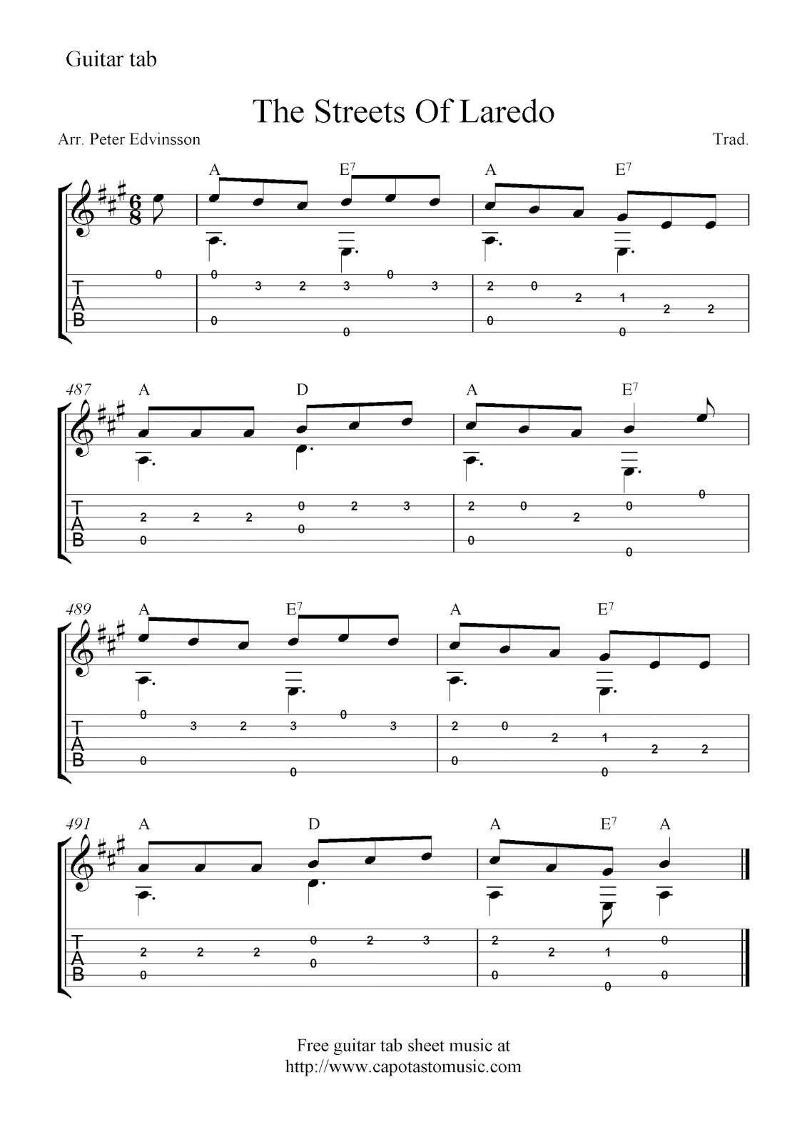 The Streets Of Laredo, free guitar tab solo sheet music