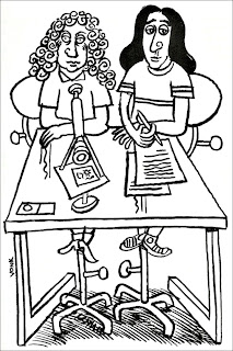 Cartoon van Berend Vonk met Anthony van Leeuwenhoek en Benedictus de Spinoza