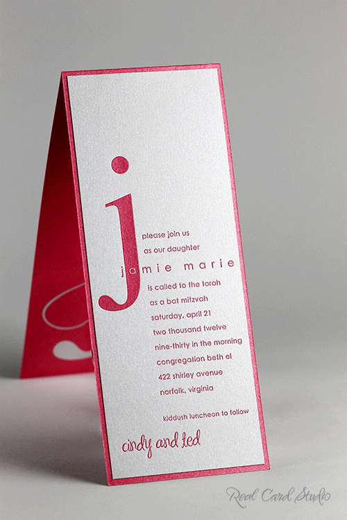 Bat Mitzvah invitation by Real Card Studio Hot Pink, Magenta, Silver, Azalea, Letterpress, Monogram