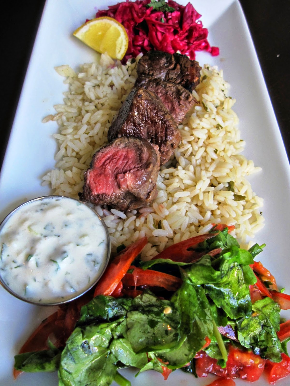 The Yuca Diaries Tenderloin Kebabs, Pickled Red Cabbage, Herbed Rice