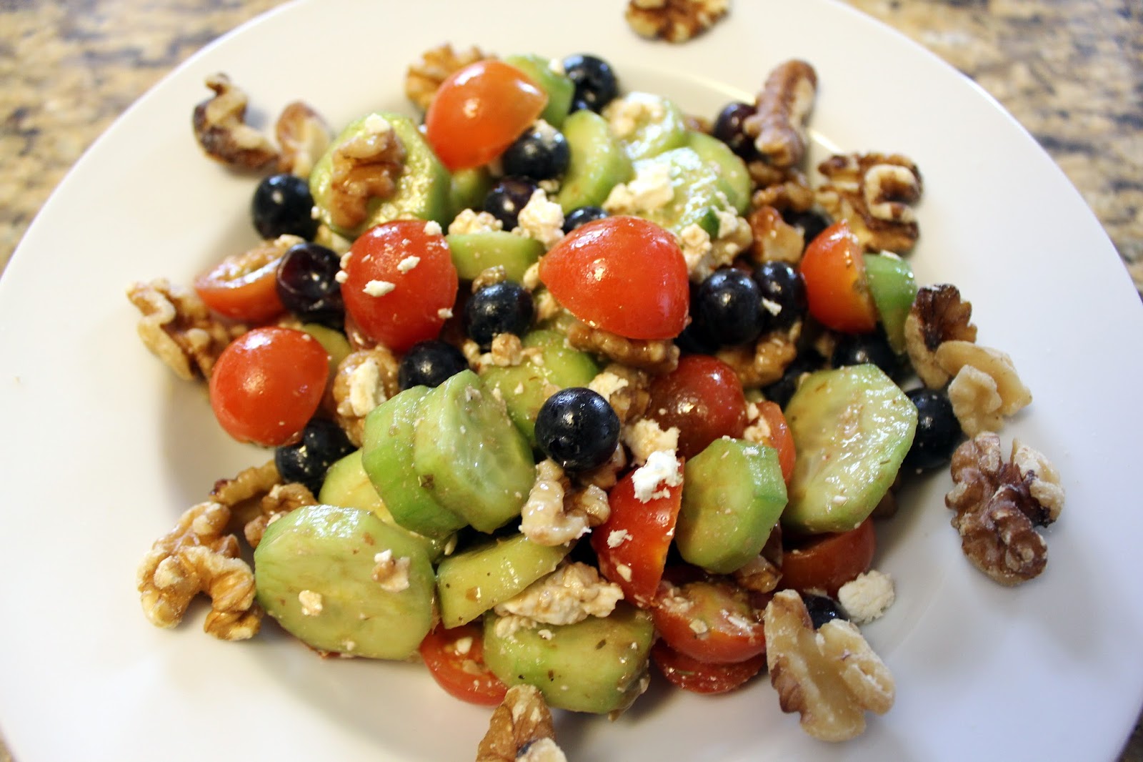 Fit and Lovin' it Cucumber Salad with Blueberries, Walnuts and Feta Cheese