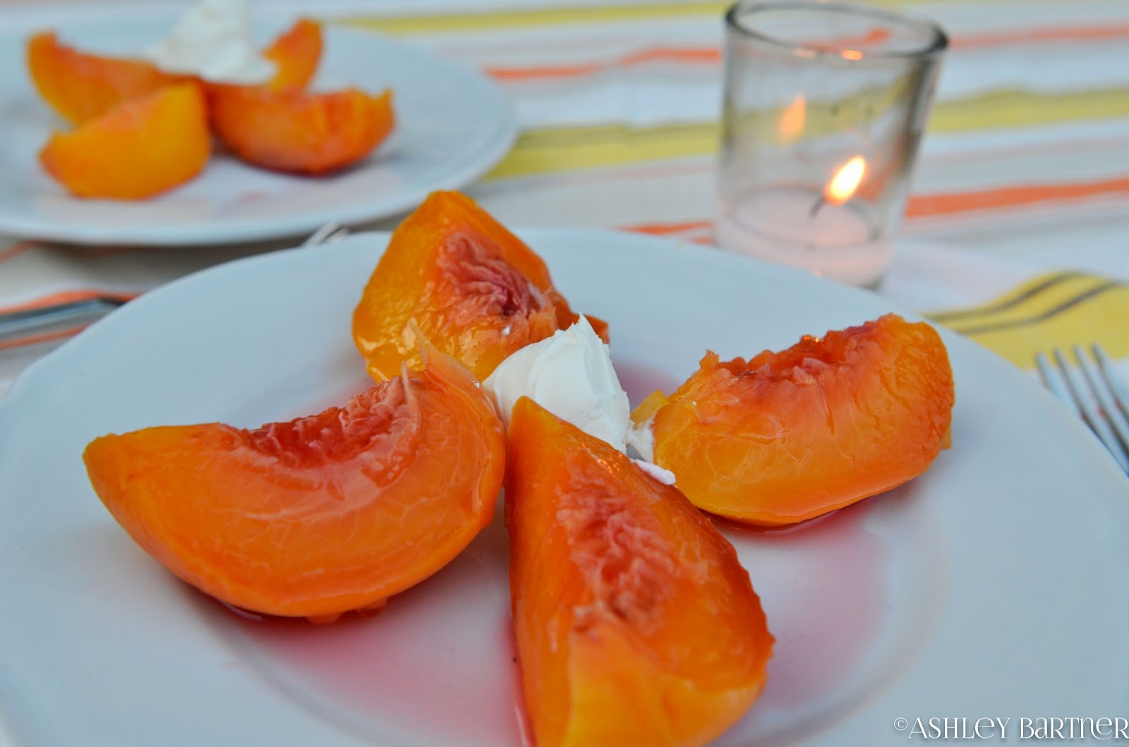 La Tavola Marche Summer Recipe Poached Peaches in White Wine & Rosemary