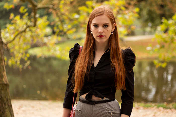 Puff shoulder blouse, red hair and houndstooth pants