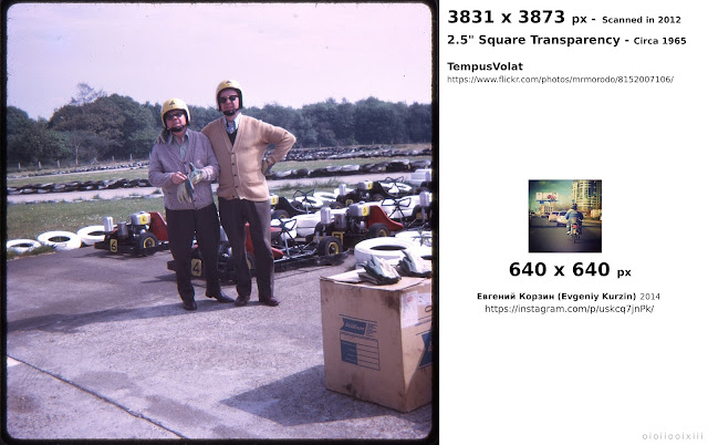 a side-by-side demonstration of the low resolution of Instagram pictures, compared to a 1960's photograph, one of the periods which Instagram mimics, aesthetically.