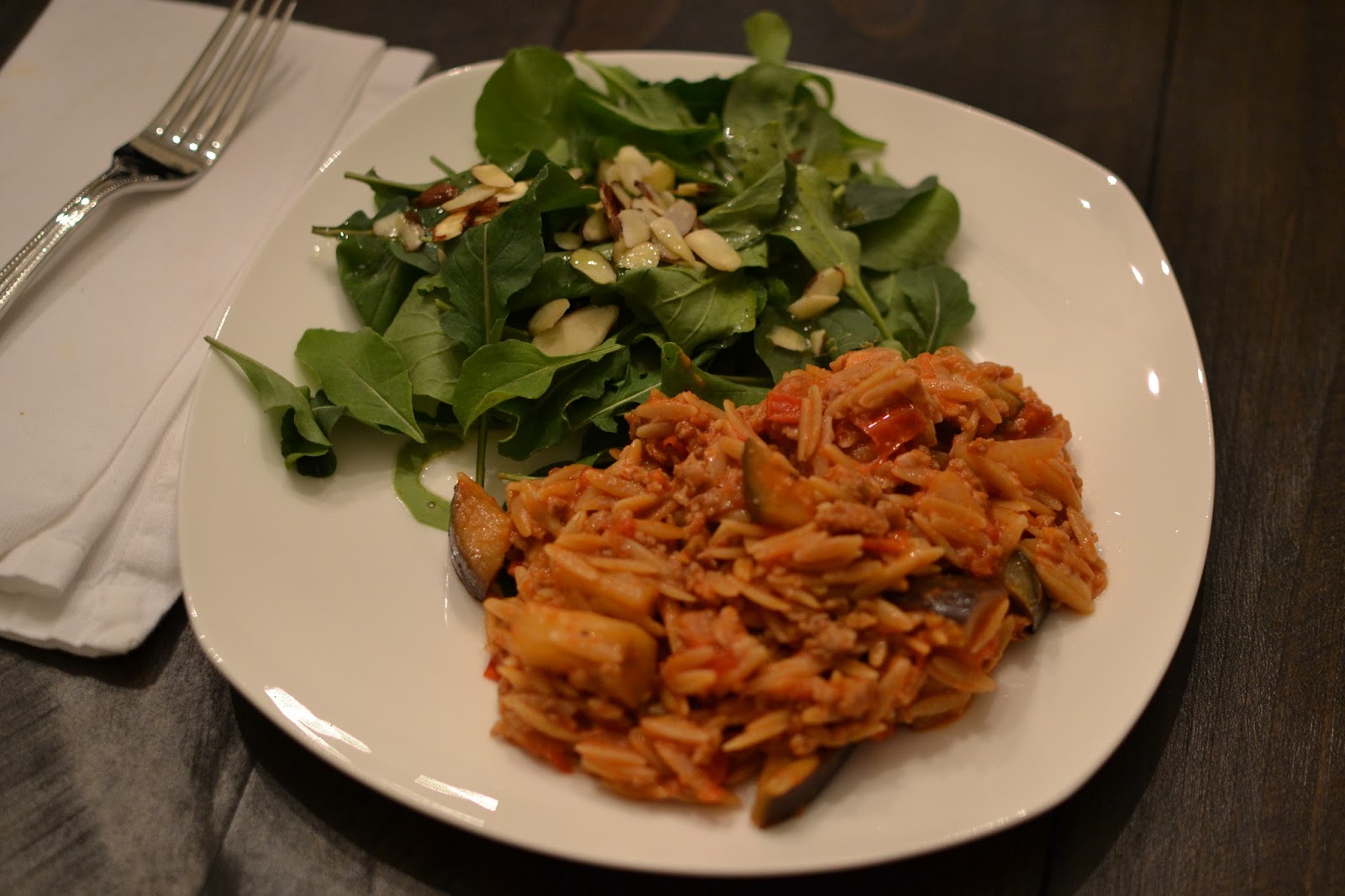 the eibls Orzo and Fresh tomato sauce with ground pork and eggplant