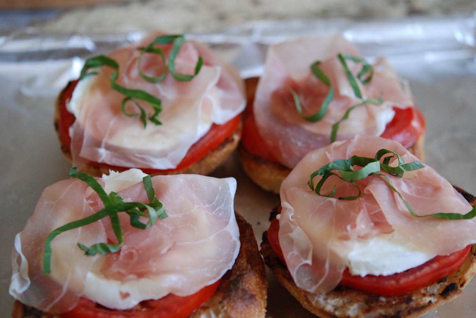 marys bites Tomato, Mozzarella, Prosciutto and Basil Open Faced Sandwich