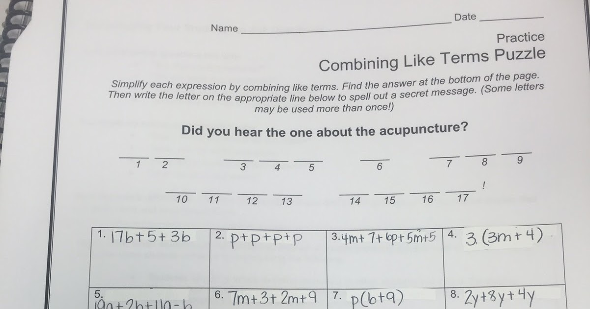 Mrs. White's 6th Grade Math Blog: COMBINING LIKE TERMS HOMEWORK