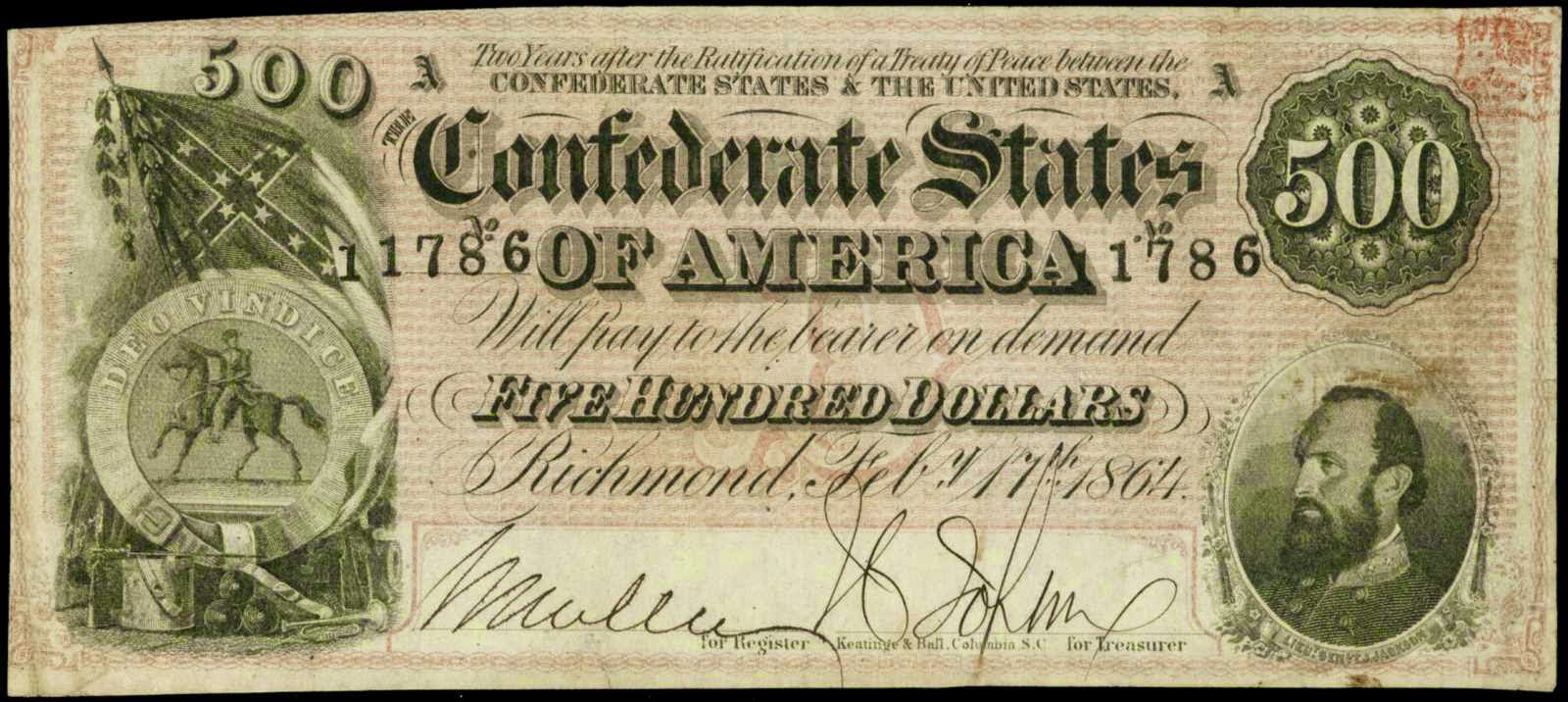 1864 500 Dollar Stonewall Jackson Confederate States of America Note Confederate currency 500 Dollar bill 1864 Stonewall Jackson