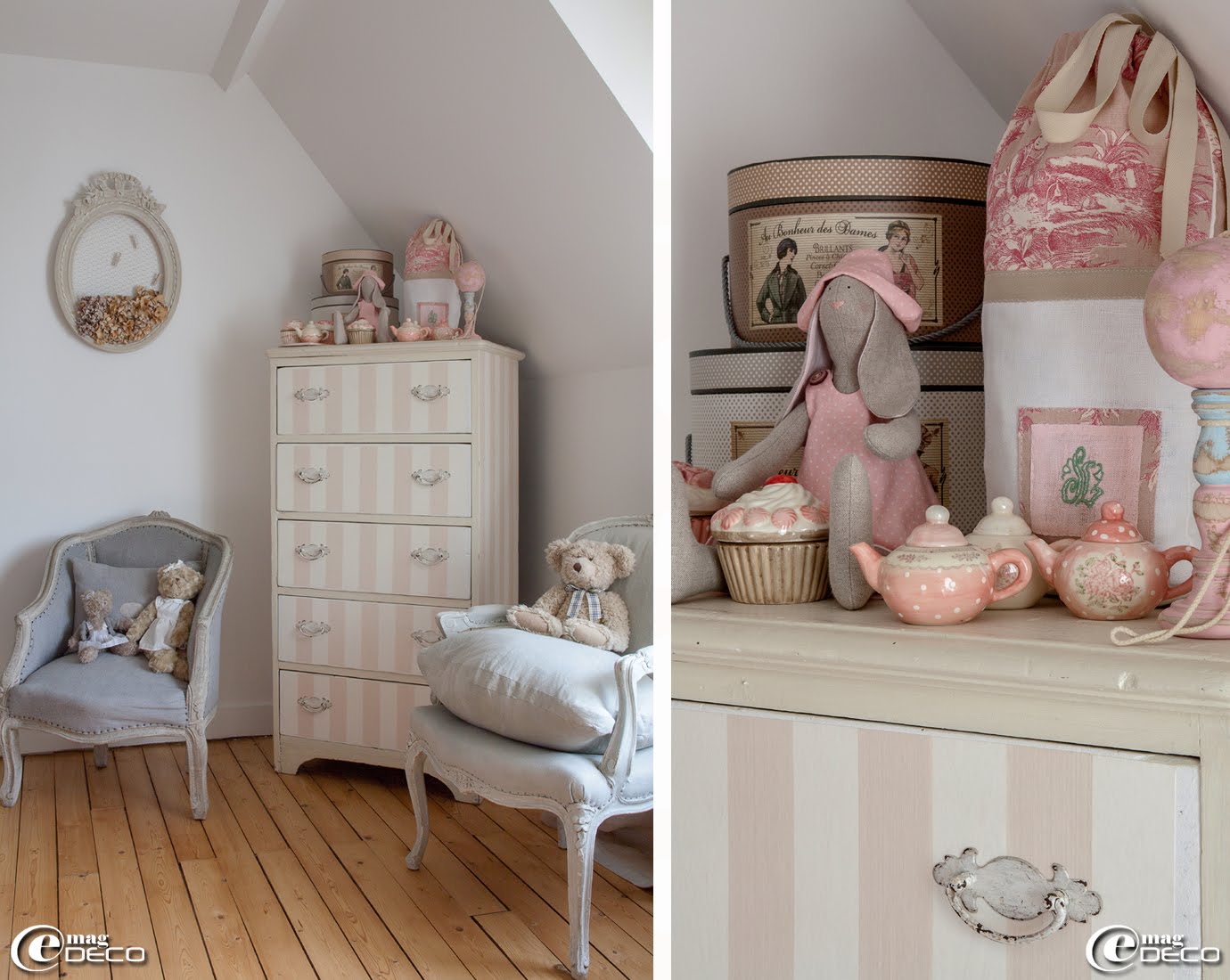 Semainier à rayures 'Peau d’Âne', sac polochon monogrammé 'Trié sur le volet', dinette en porcelaine shabby 'Country Corner', lapin Tilda création 'Par un beau matin d’hiver...', boîtes à chapeau 'Comptoir de Famille' et bilboquet ancien 'Etcaetera-etc...'