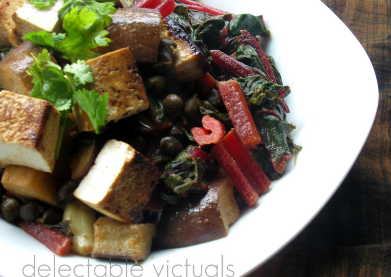 Delectable Victuals Ruby Chard, Green Chickpeas, Eggplant and Tofu