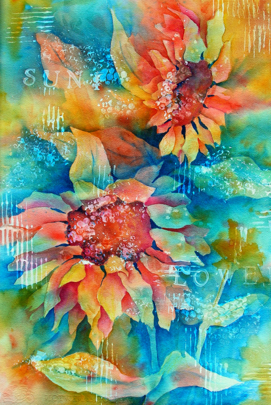 watercolor sunflower sunflowers abstract paintings flowers painting gesso flower workshop drawing water floral watercolors kisling martha paint stamped words painted