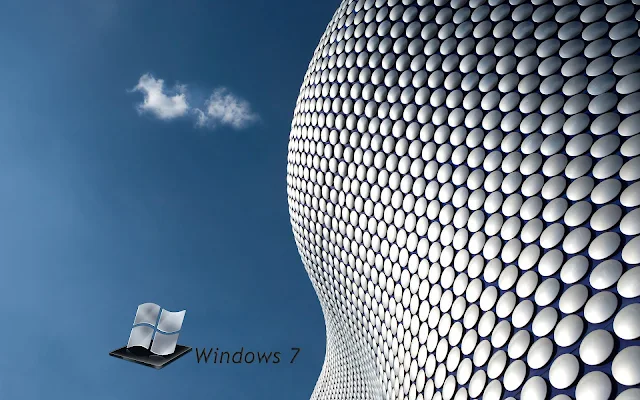 Blauw witte Windows 7 wallpaper met blauwe lucht in 3D objecten