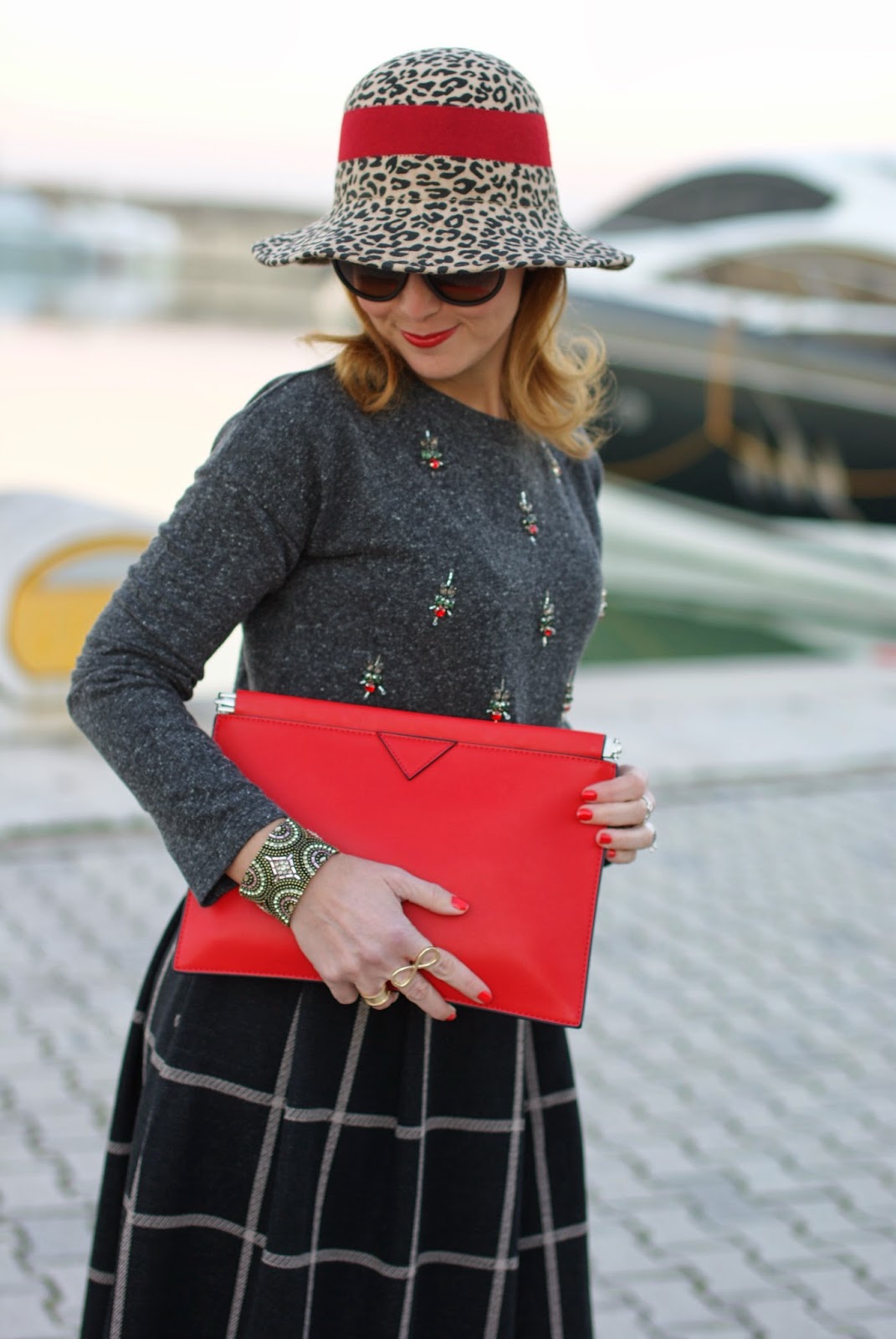 rhinestones sweatshirt, check midi skirt, red clutch, Fashion and Cookies, fashion blogger