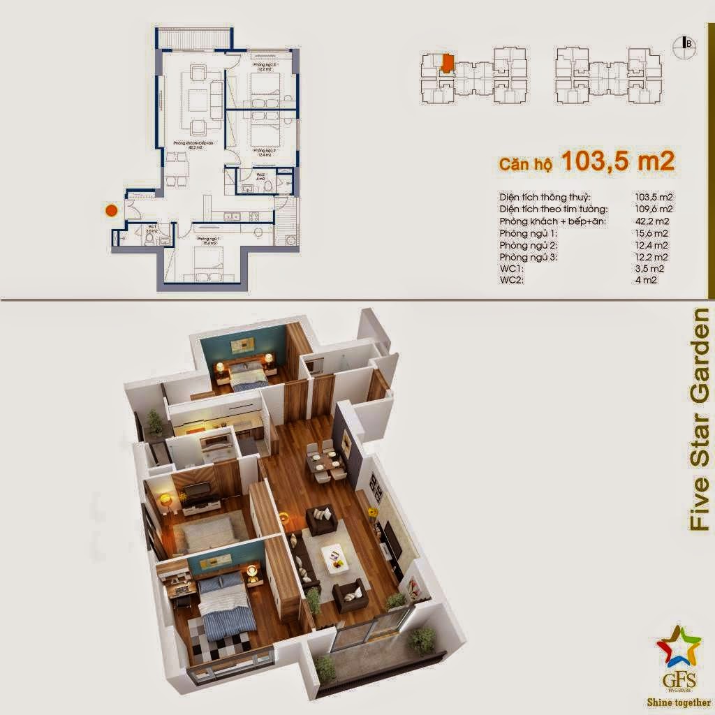 Thiết kế căn hộ 103,5 m2 Chung cư Five Star Kim Giang
