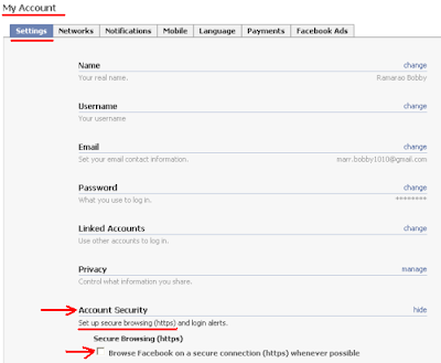 Facebook Account Security Settings >> Set up Secure Browsing (HTTPS)