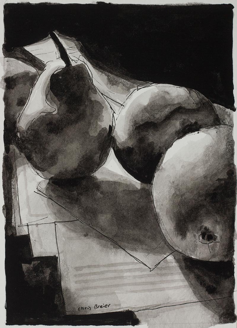 Still life ink drawing of fruit on a kitchen table