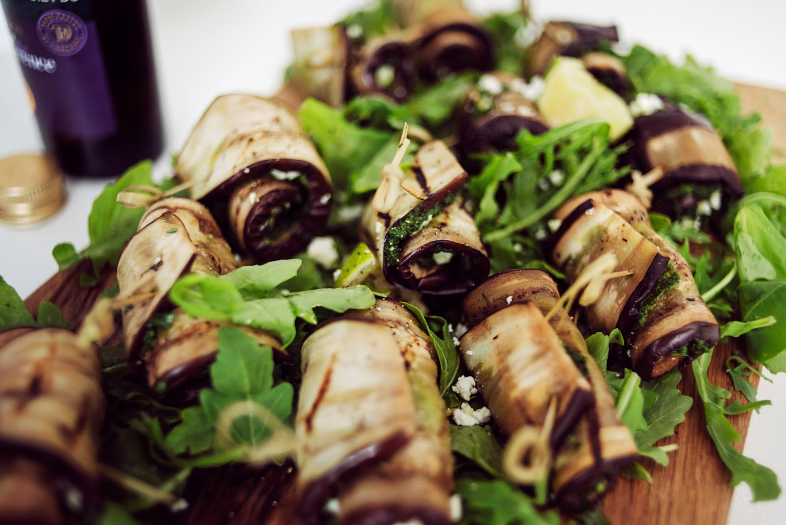 "NEVER EAT WOBBLY JELLY" AUBERGINE PESTO & FETA ROLLS