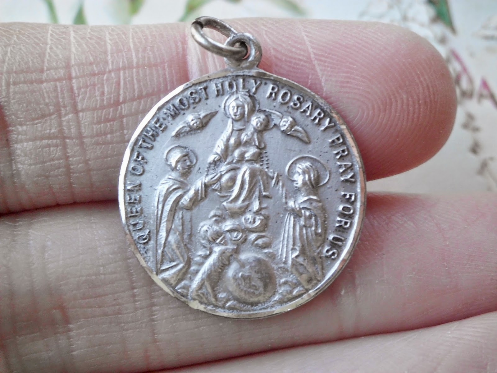 Vintage Religious Medals Vintage STERLING Queen of the Rosary and St