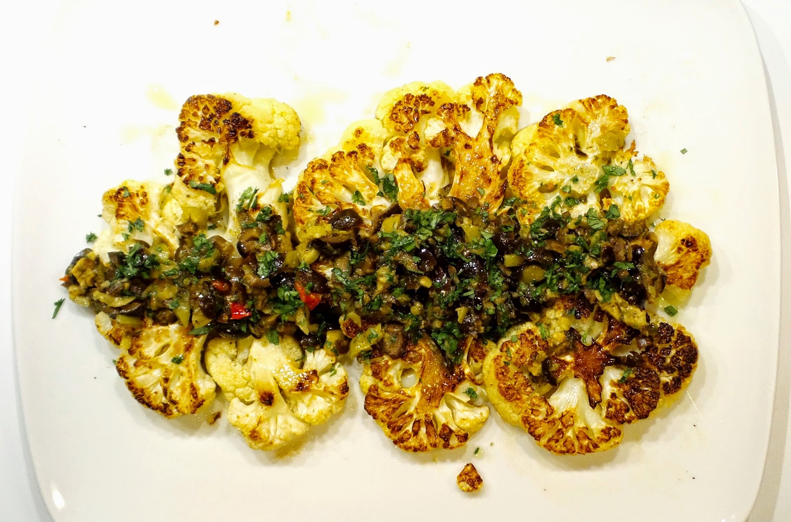 Swing Eats Cauliflower TBone Steaks with Olive, Lemon, and Parsley