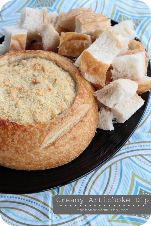 Creamy, Easy Artichoke Dip in Bread Bowl & Recipe Printable