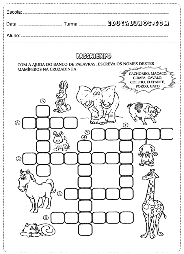 Escreva o nome dos mamíferos na cruzadinha
