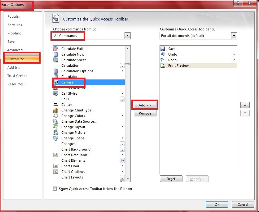 Excel VBA Tips HOW TO INSERT CAMERA IN QUICK ACCESS TOOLBAR