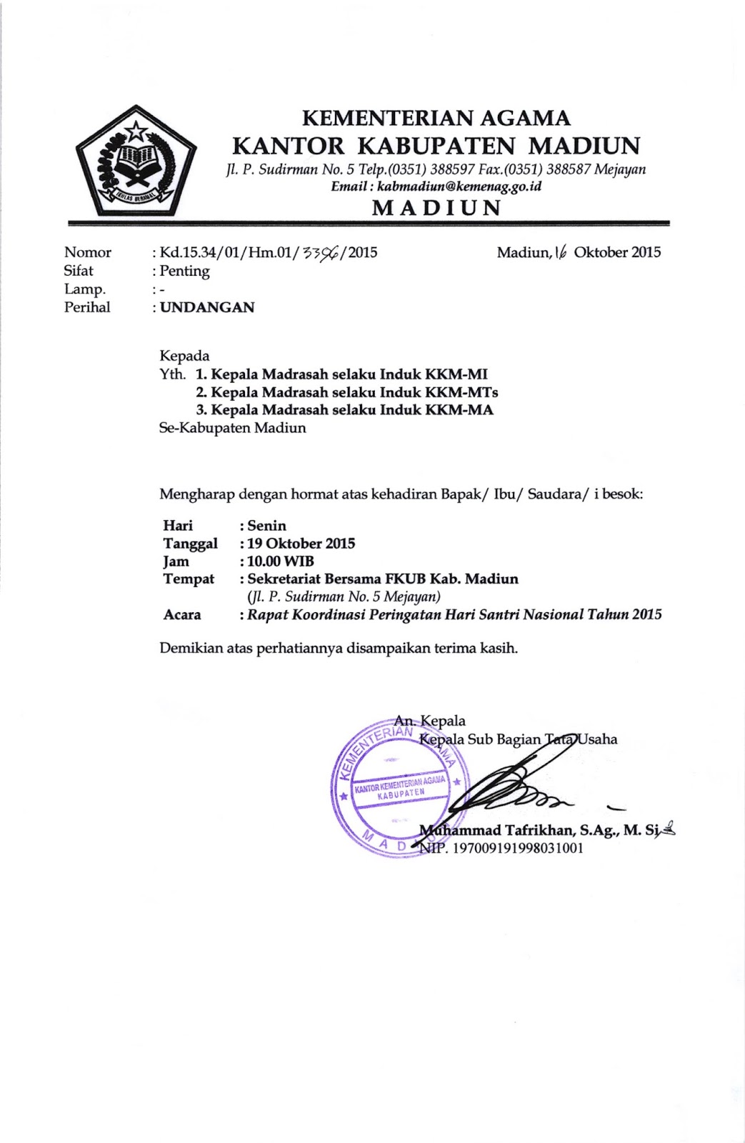 Seksi Pendidikan Madrasah Kabupaten Madiun Undangan Rapat
