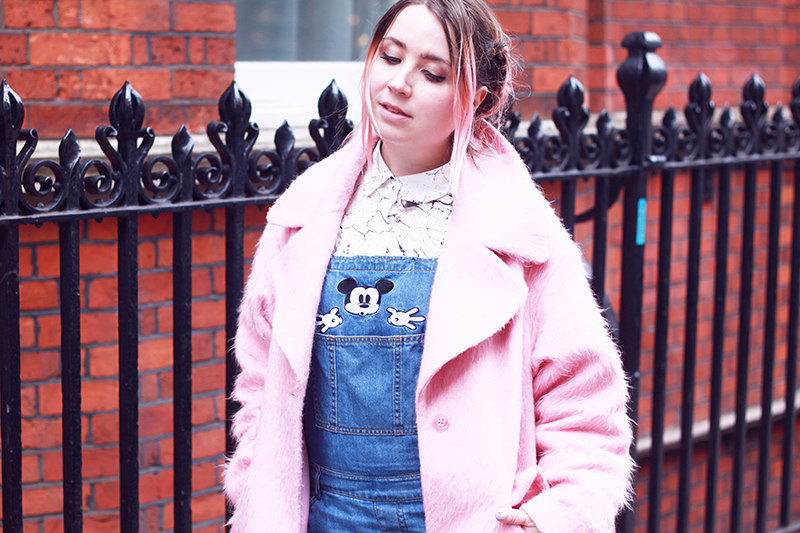 asos pink coat forever21 mickey overalls