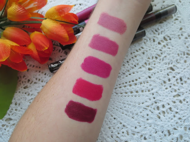 a picture of Maybelline Color Blur Lip Pencil in ; I Like To Mauve It, I'm Blushing, My-My Magenta, Berry Misbehaved, Plum Please (arm swatch)
