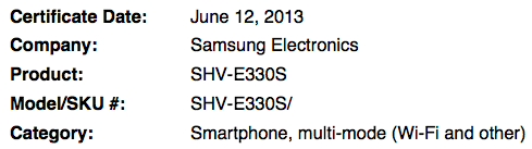 SHV-E330S Wi-Fi Certification