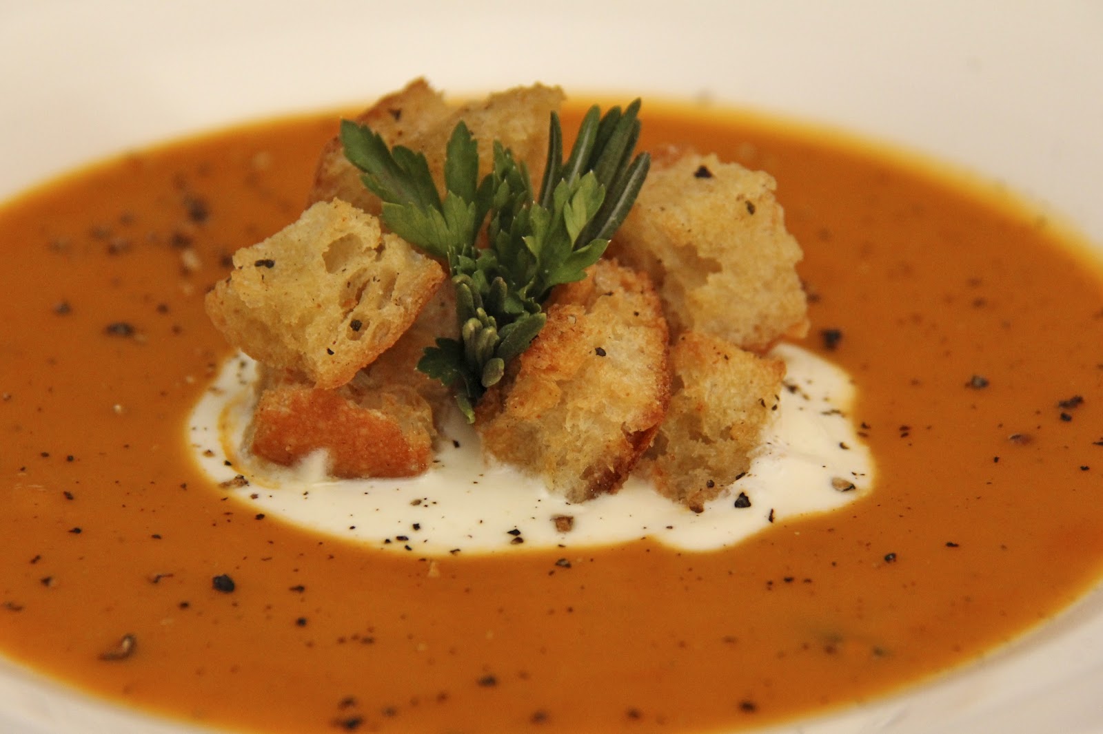 Roasted Tomato & Potato Soup w/ Herbes de Provence & Buttery Rosemary