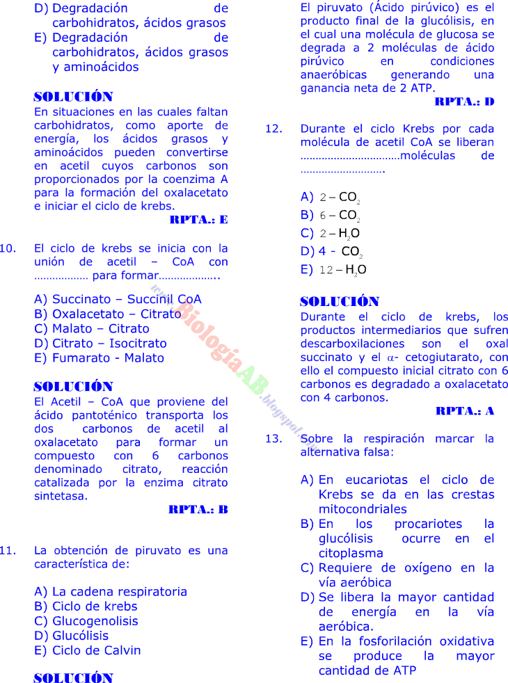 RESPIRACIÓN CELULAR PREGUNTAS RESUELTAS TIPO EXAMEN DE RESPIRACIÓN CELULAR PREGUNTAS RESUELTAS TIPO EXAMEN DE
