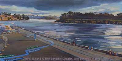 North Barangaroo Headland Park - plein air oil painting of construction of North Barangaroo Headland Park from my studio at Moore's Wharf by marine and industrial heritage artist Jane Bennett