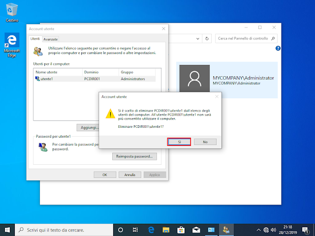 Conferma rimozione account utente locale Conferma rimozione account utente locale