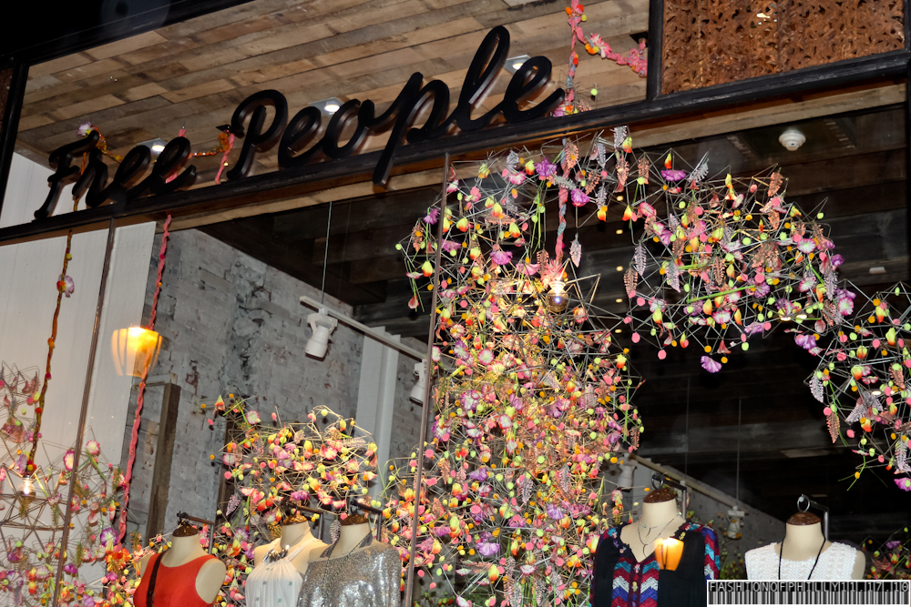 wire and flower mobiles/chandeliers in the Free People Store on Walnut  Street, Philadelphia, via fp blog