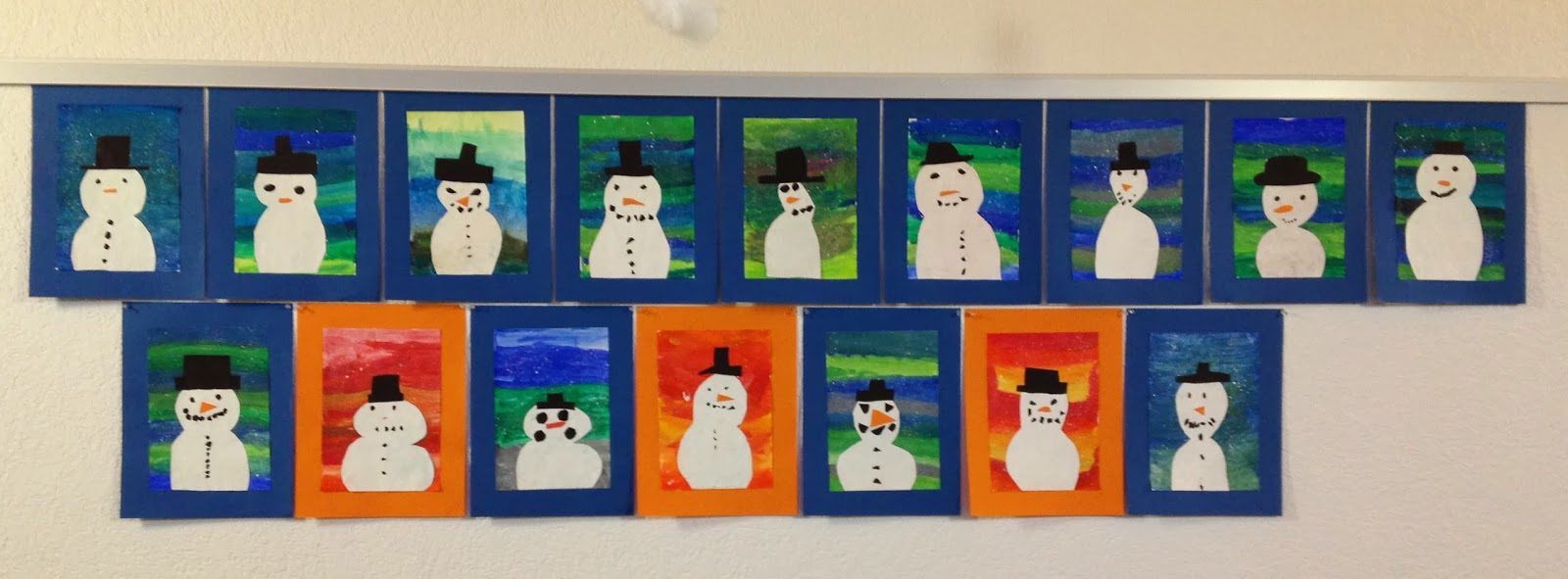 KLASSENKUNST Schneemannbild mit warmen & kalten Farben KLASSENKUNST Schneemannbild mit warmen & kalten Farben