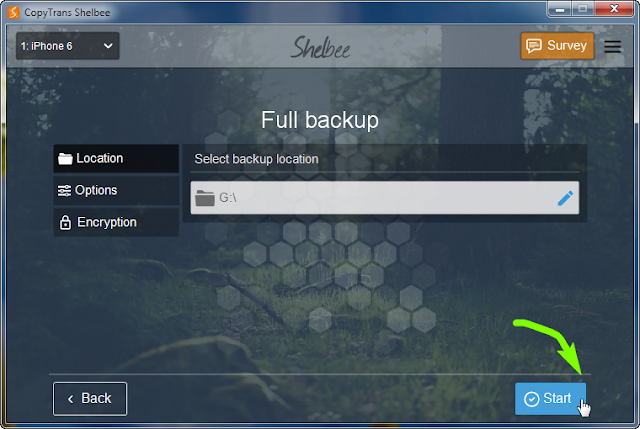 start backup button selected