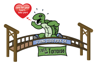 A cartoon gopher tortoise runs across O'Leno State Park's iconic suspension bridge Race The Tortoise 5K