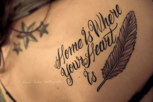 Star,feather and quote tattoo about home 