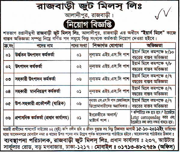 All Newspaper Jobs Rajbary Jute Mills Ltd, Post Production Officer