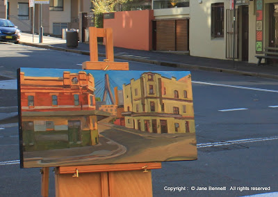 plein air oil painting of the Terminus Hotel and the Point Hotel, Harris Street Pyrmont painted by industrial heritage artist Jane Bennett