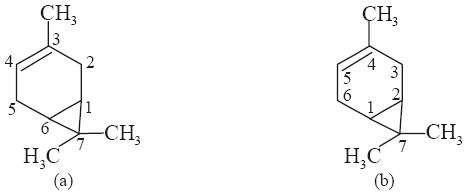 3,7,7 Trimethylbicyclo [4,1,0] hept-3-ene (a); 4,7,7–Trimethyl-3 norcarene (b).