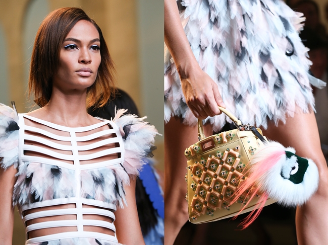 Fendi 2015 S/S Ready-to-Wear, Joan Smalls Fendi 2015 SS Leather & Organza Petals Dress on Runway