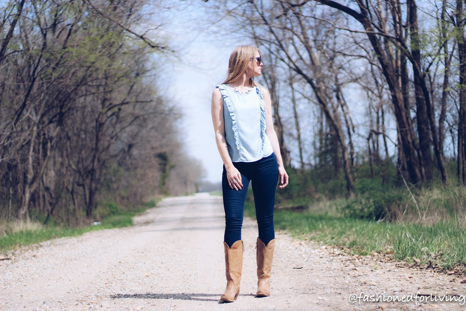 Fashioned For Living: summer cowboy boots outfit with skinny jeans and  ruffled chambray top