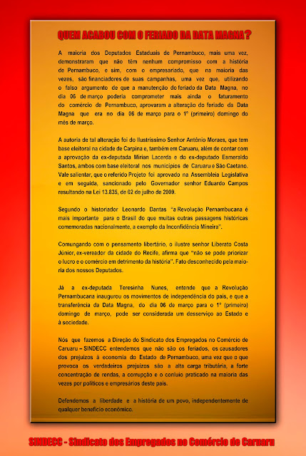 Nota publicada pelo SINDECC em seu blog oficial