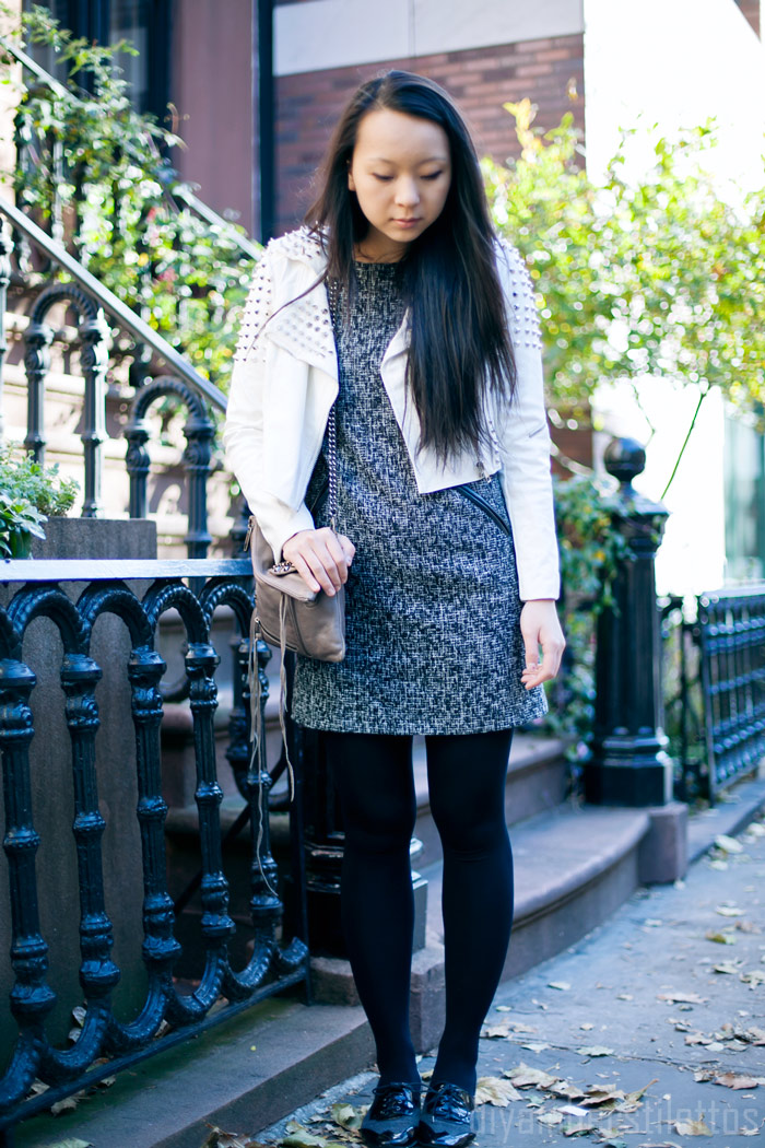 tweed loft shift dress, go jane studded leather jacket, free people oxfords, rebecca minkoff studded shoulder bag, new york city, style fashion blog, diya liu